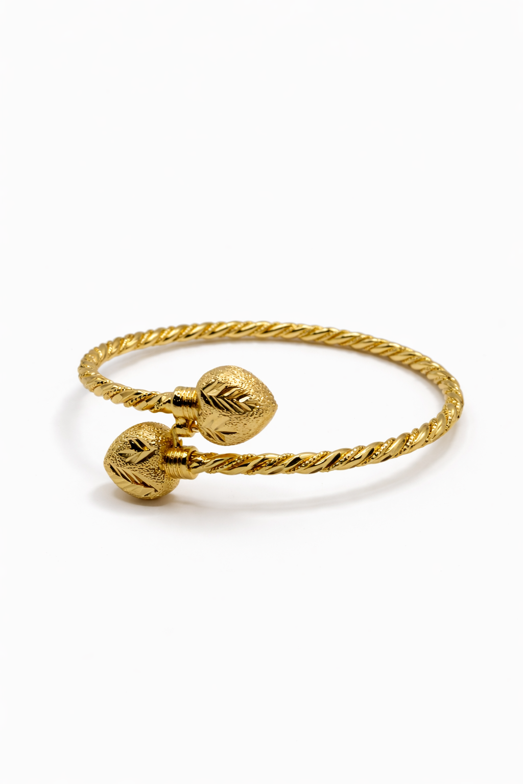 Twisted Cable Open Cuff Bracelet with Textured End Caps – Gold Colored