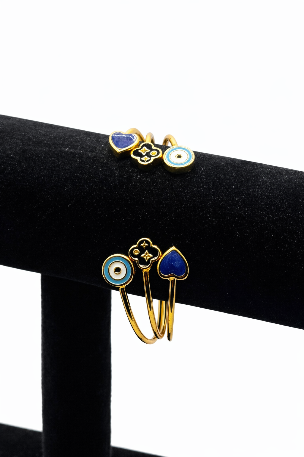 Evil Eye & Heart Charm Bangle Set – Gold Colored