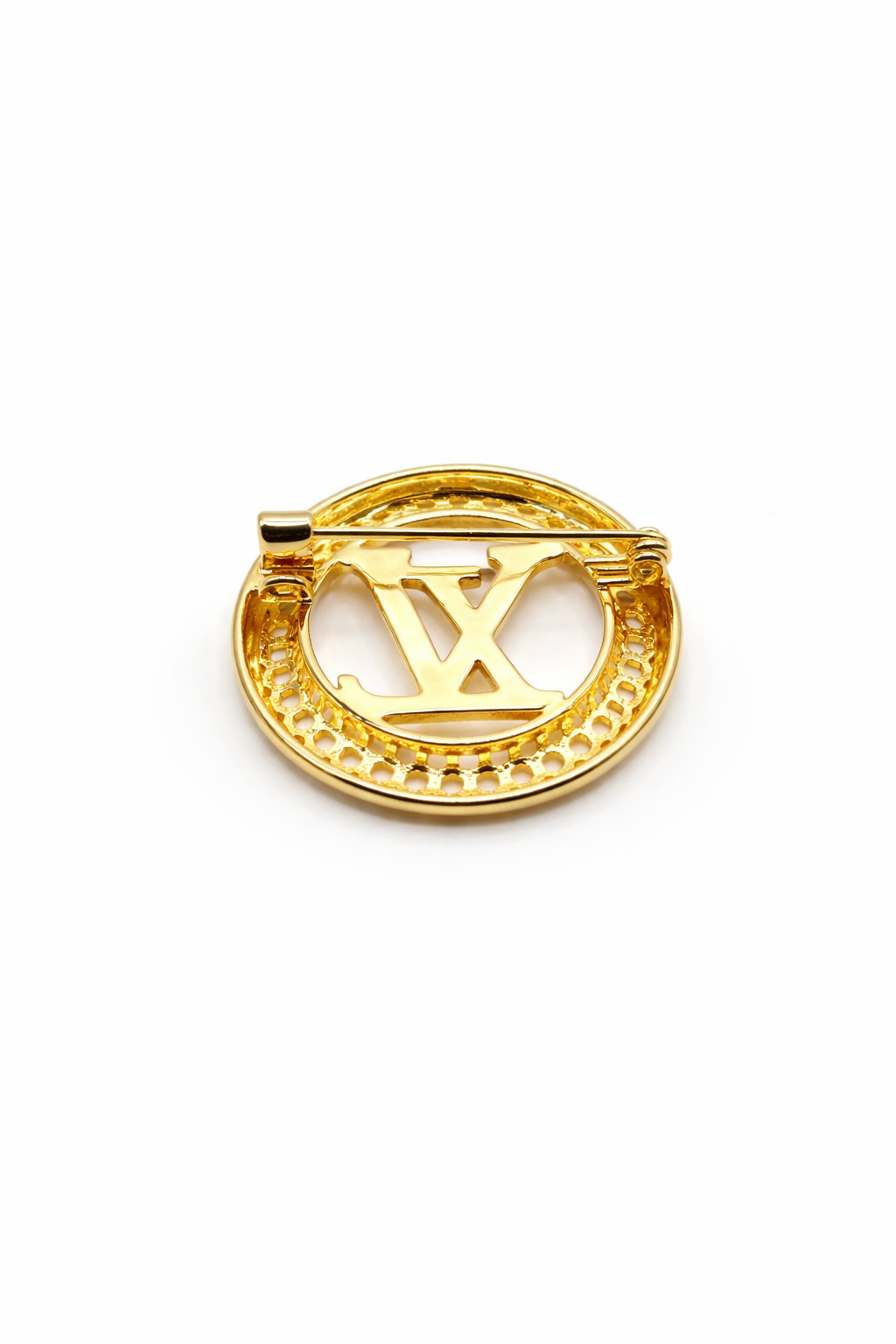 Round Openwork Monogram Brooch – Gold Colored
