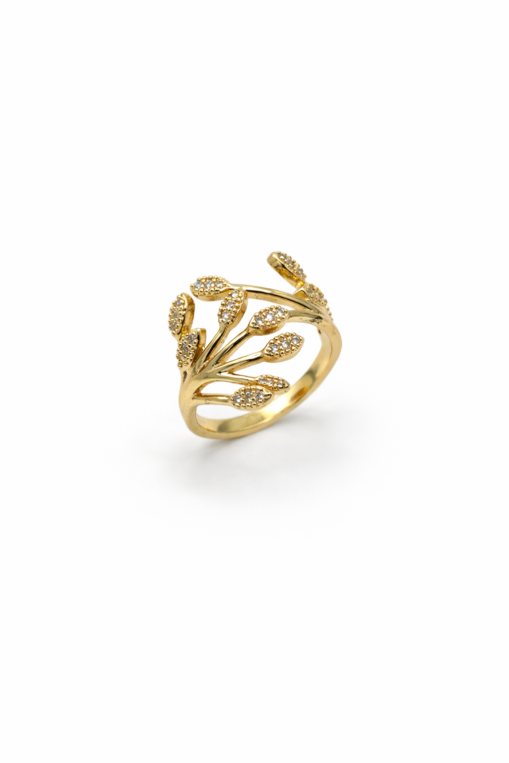 Pavé Leaf Branch Gold Ring