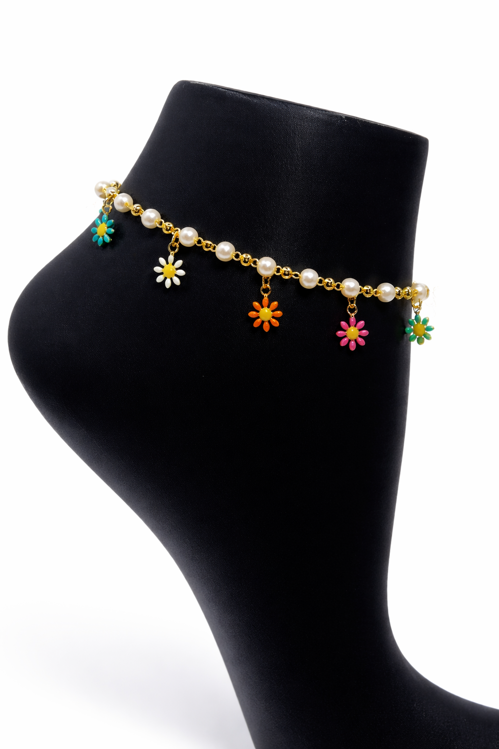 Colorful Floral Pearl Anklet – Gold Colored