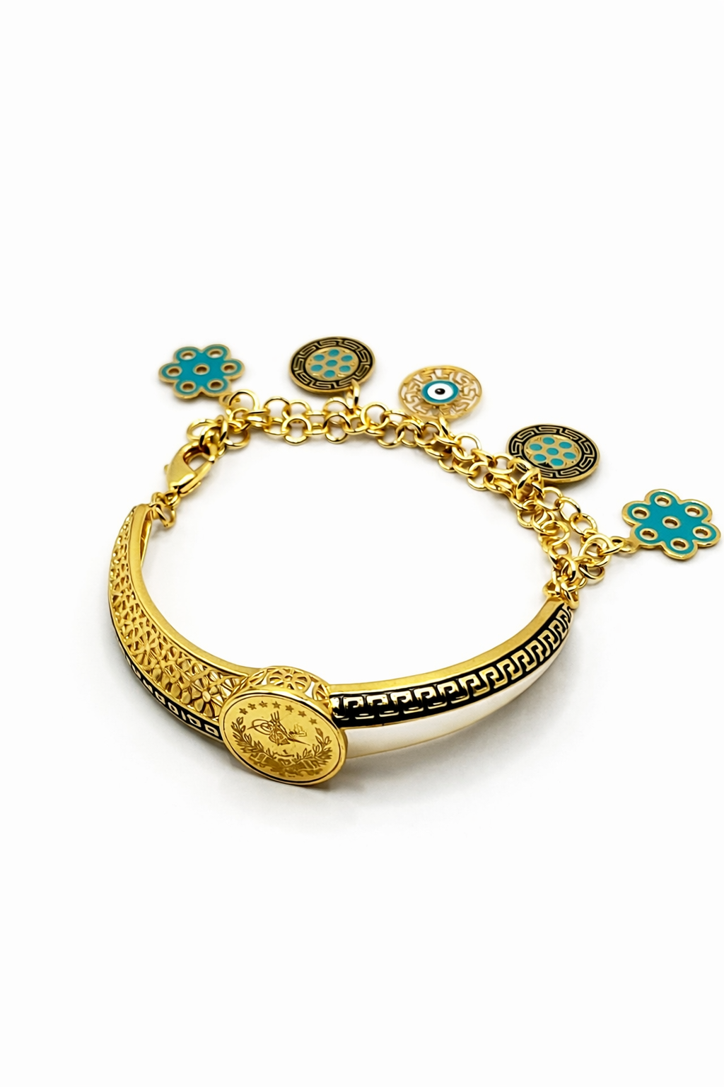 Ottoman Charm Bracelet with Evil Eye Accents – Gold Colored