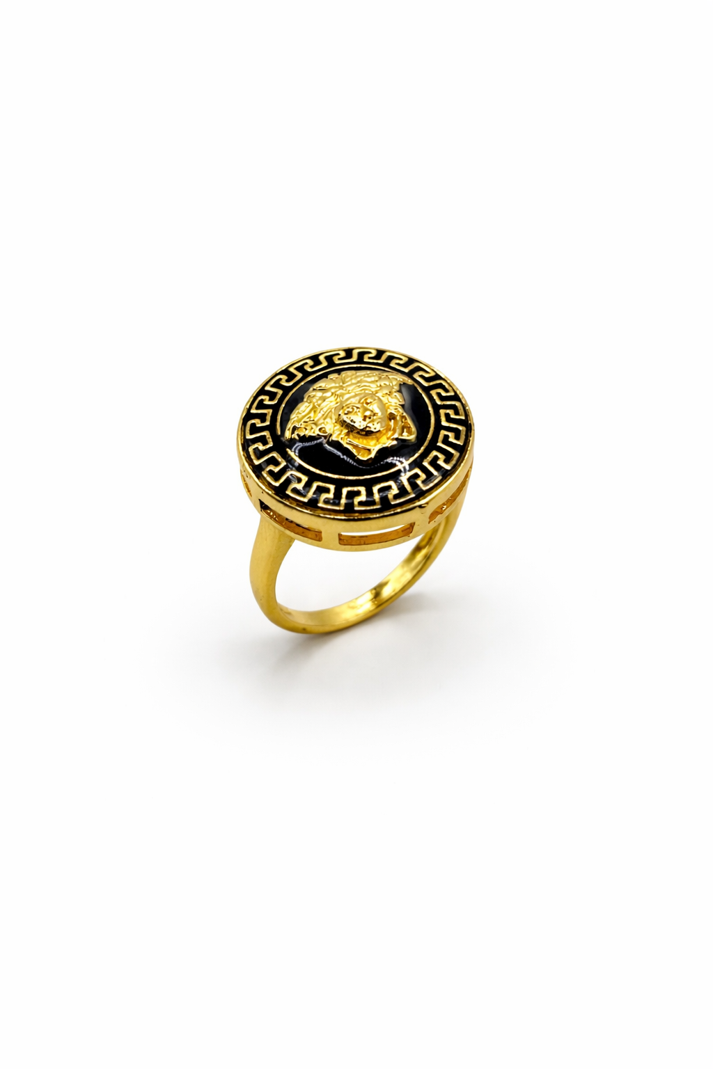 Medusa Greek Key Signet Ring – Gold Tone