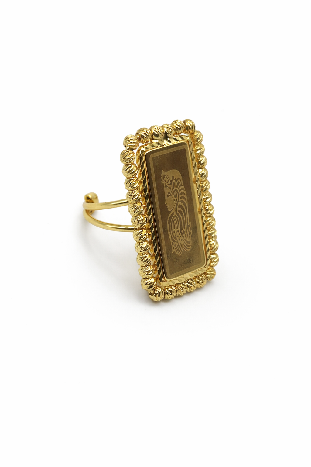Vintage Engraved Rectangle Statement Ring – Gold Tone