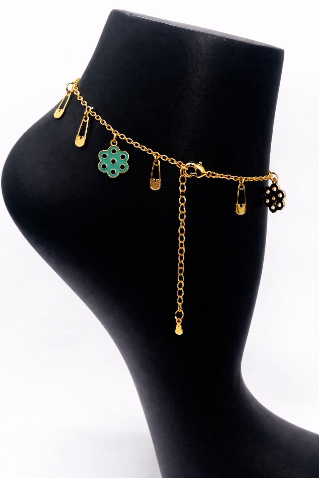 Floral Evil Eye Safety Pin Anklet – Gold Colored