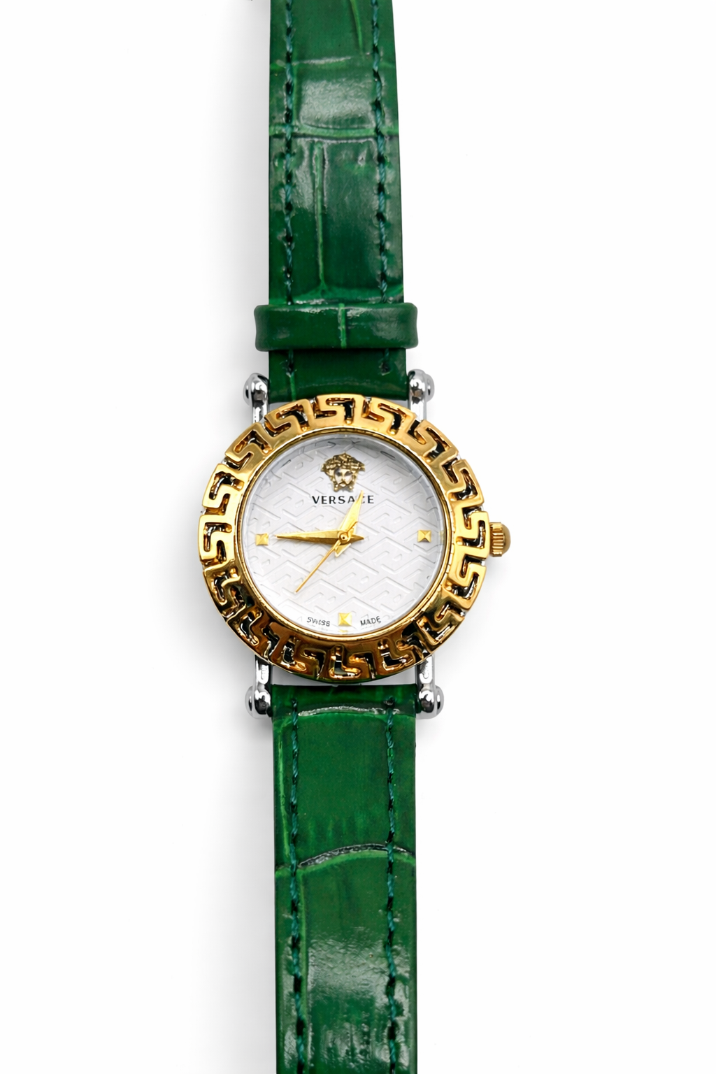 Emerald Greek Key Leather Strap Watch – Gold Colored