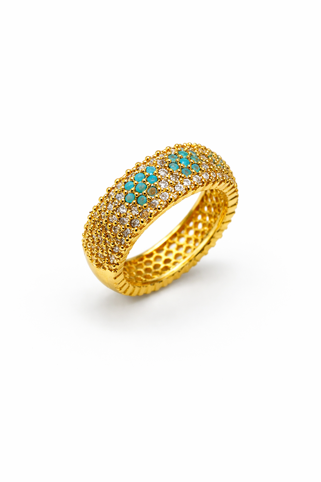 Turquoise Cluster Pavé Gold Band Ring