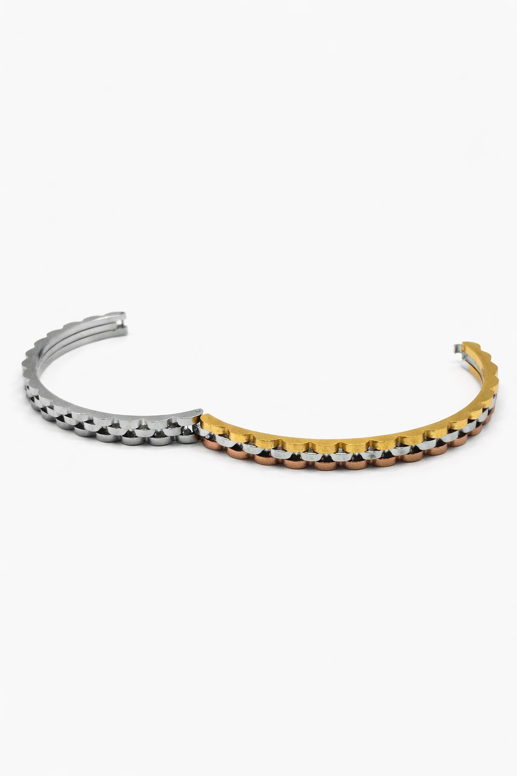 Tri-Tone Scalloped Edge Cuff Bracelet – Gold, Silver & Rose Gold Colored