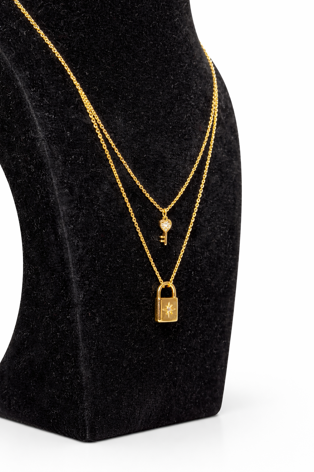 Layered Key & Lock Pendant Necklace – Gold Colored