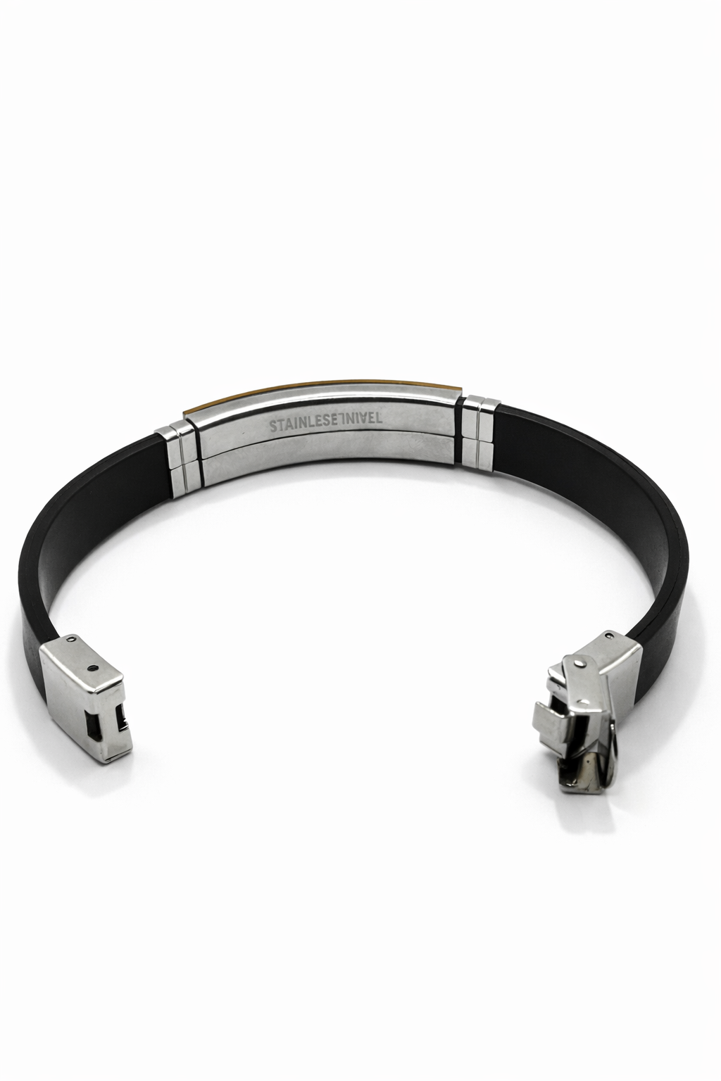 Stainless Steel Bar & Black Band Bracelet – Silver Colored