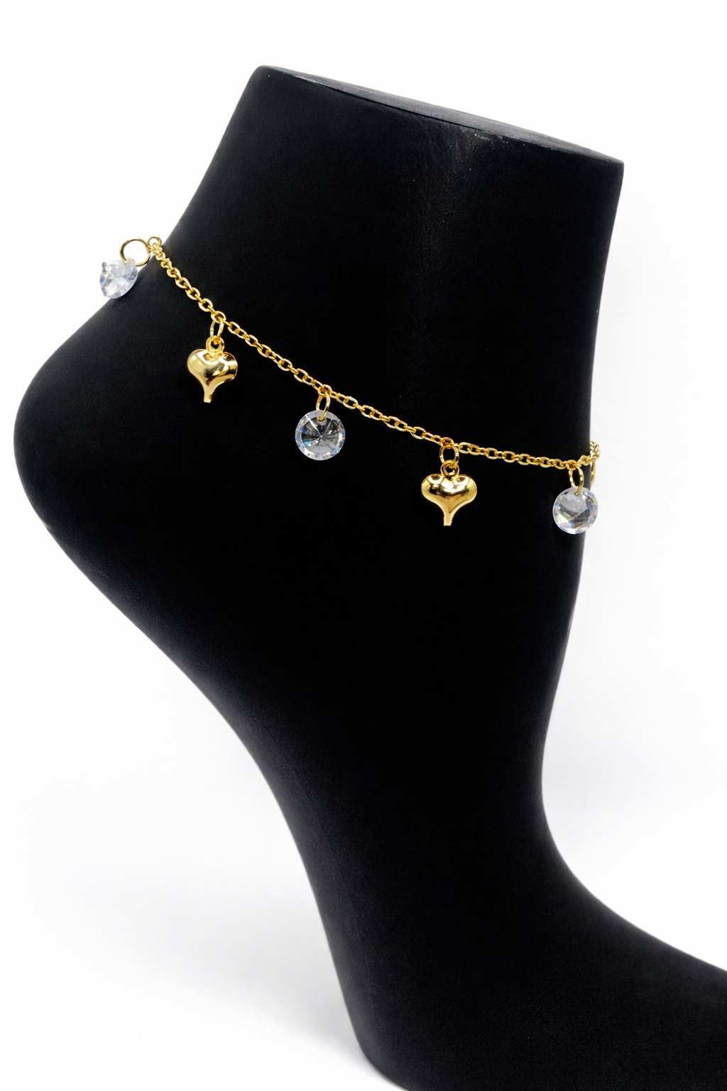 Heart and Crystal Charm Anklet – Gold Colored