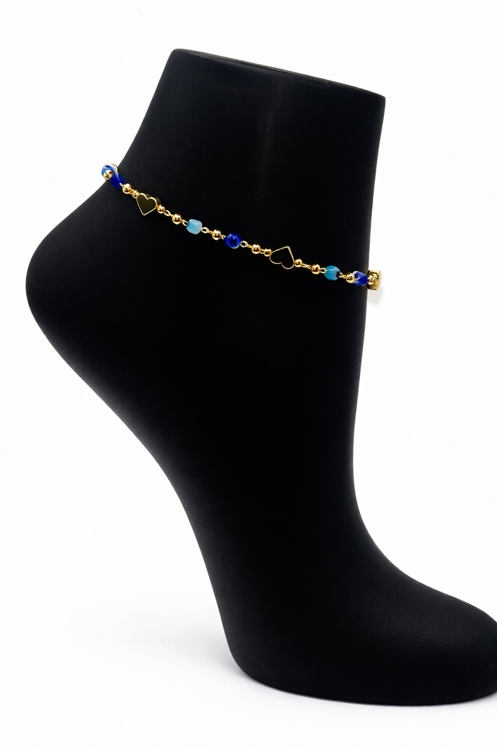 Blue Bead Heart Chain Anklet – Gold Colored.