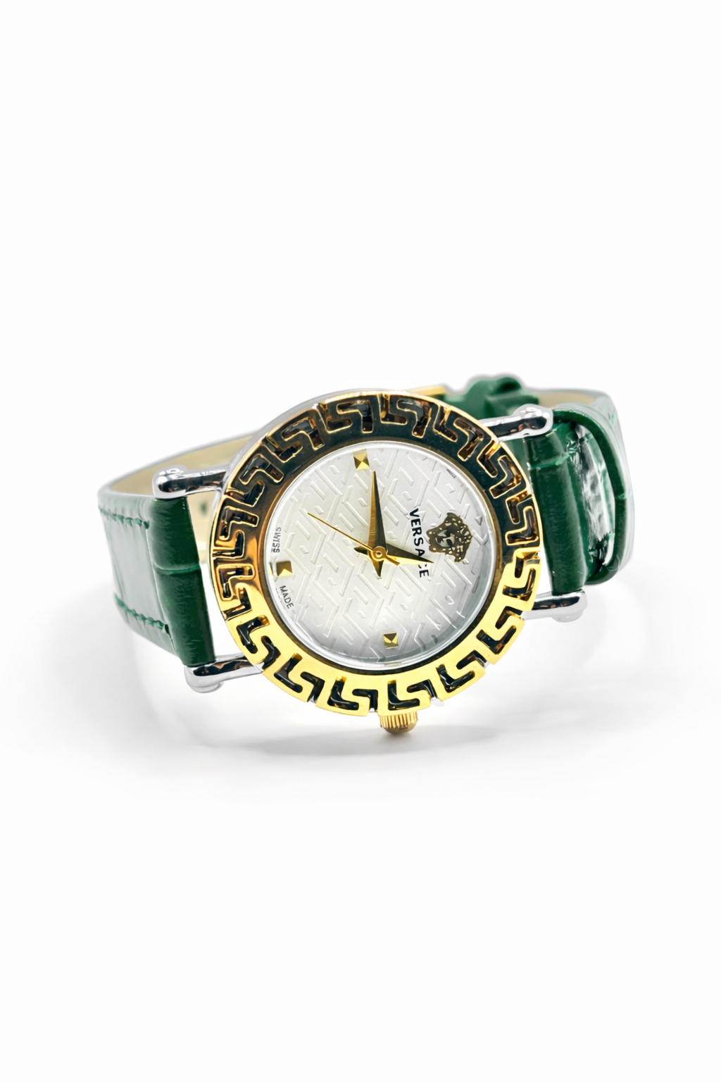 Emerald Greek Key Leather Strap Watch – Gold Colored