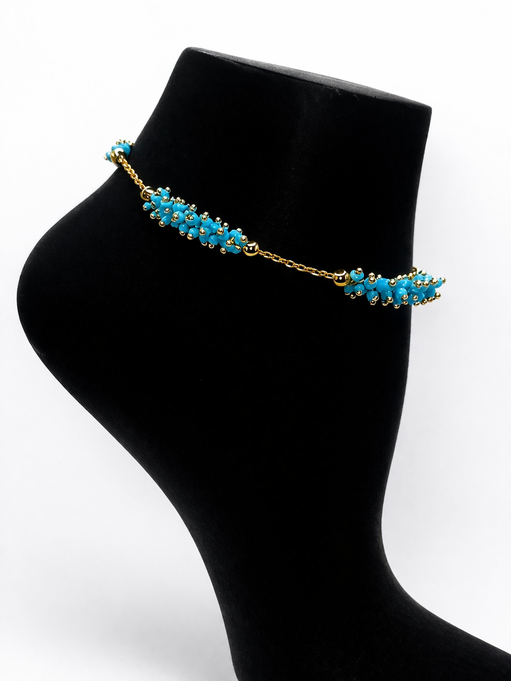 Turquoise Cluster Bead Anklet – Gold Colored