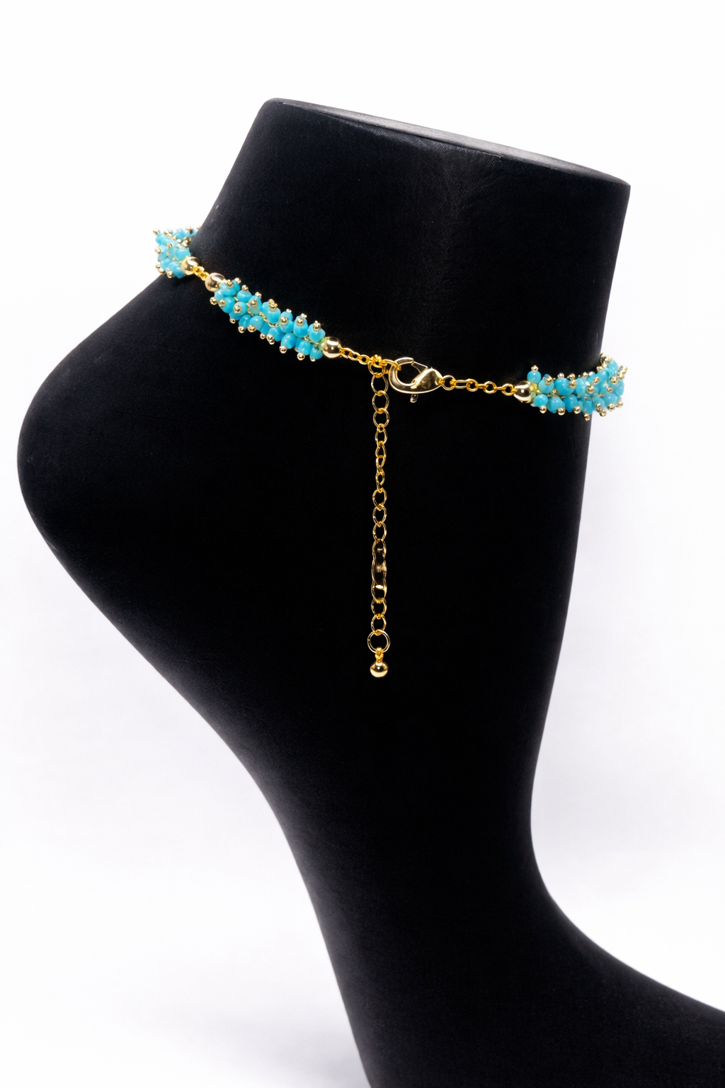 Turquoise Cluster Bead Anklet – Gold Colored