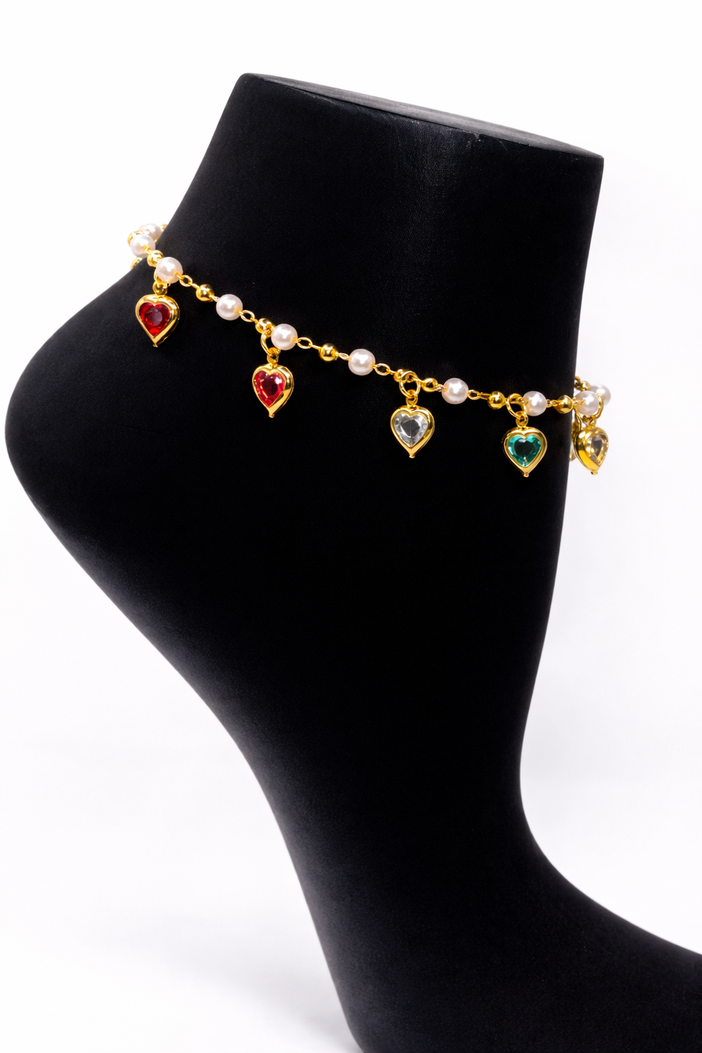 Pearl Daisy and Heart Charm Anklet – Gold Colored