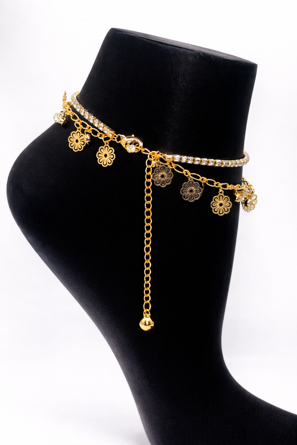 Crystal and Flower Charm Layered Anklet – Gold Colored