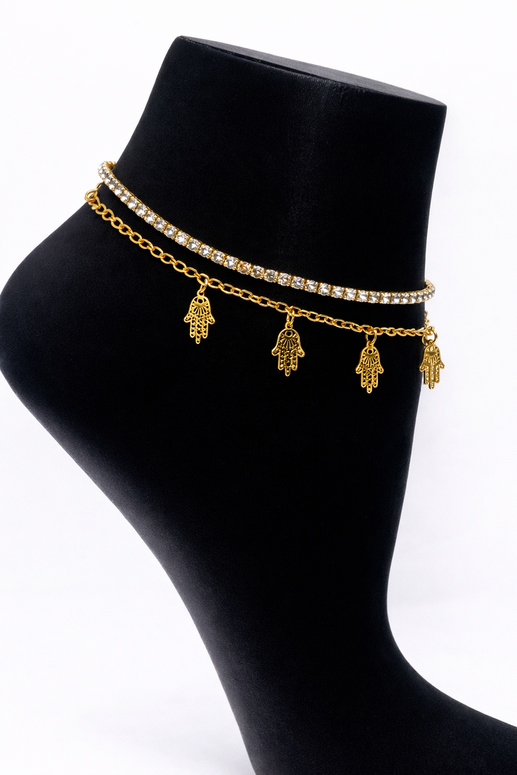 Crystal and Hamsa Layered Anklet – Gold Colored