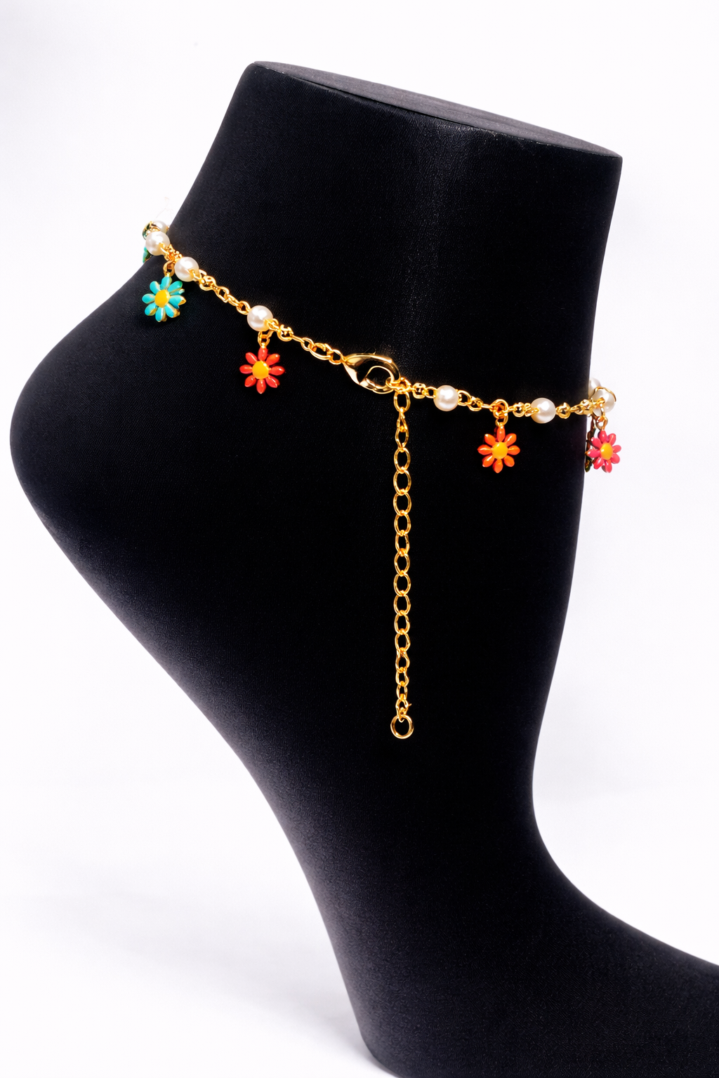 Pearl and Colorful Flower Charm Anklet – Gold Colored