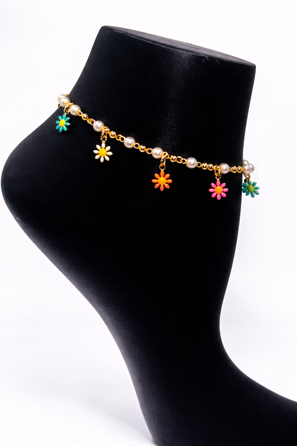 Pearl and Colorful Flower Charm Anklet – Gold Colored