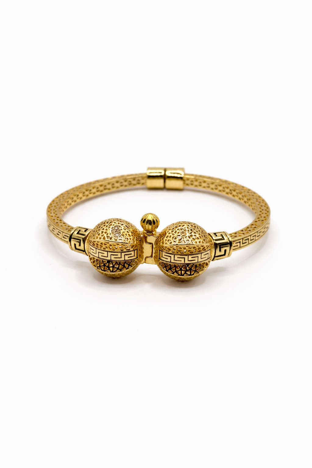 Filigree Sphere Bangle with Geometric Detailing – Gold Colored