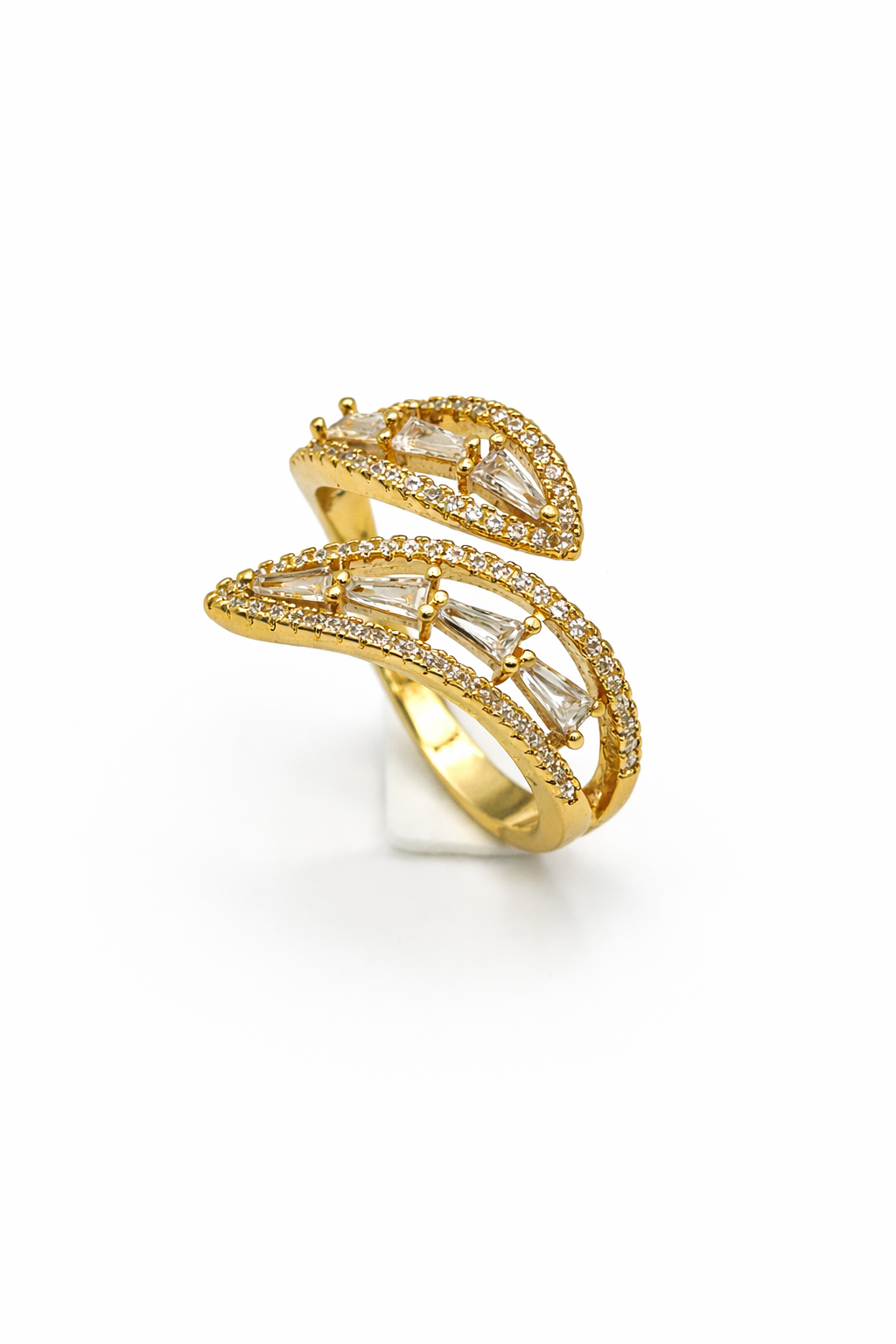 Double Arc Baguette Halo Ring – Gold Colored