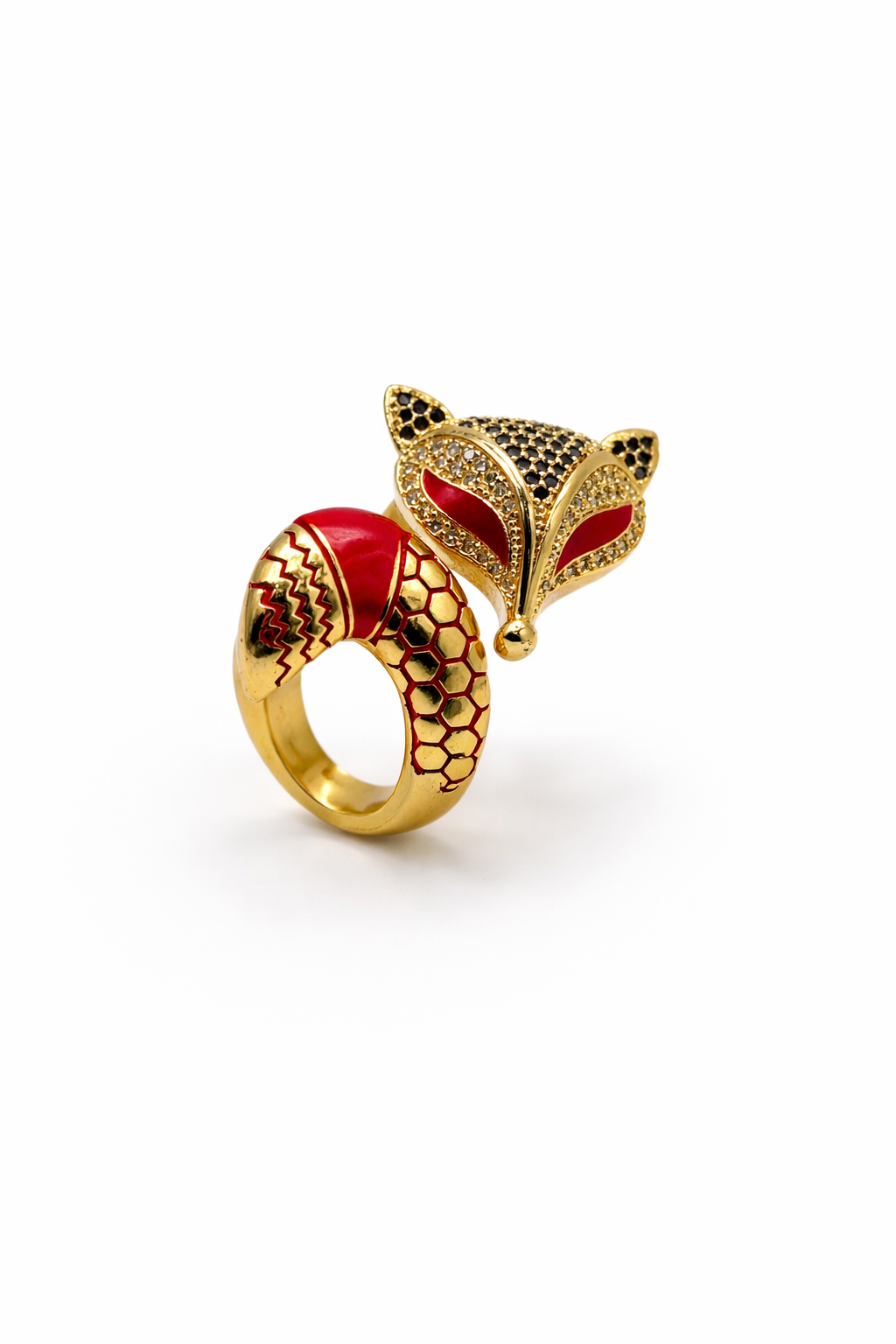 Red Enamel Fox Statement Ring – Gold Colored