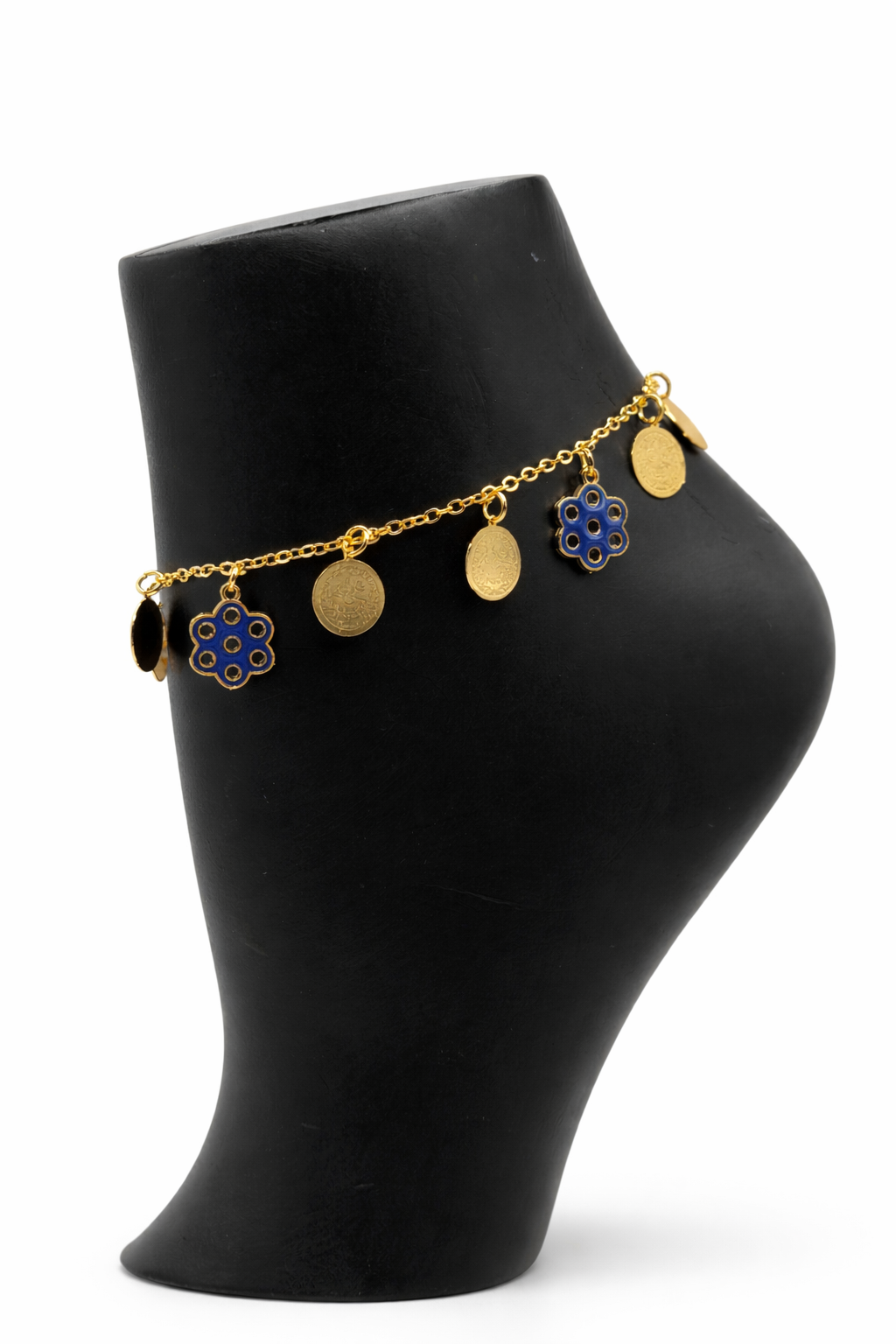Coin & Floral Charm Necklace with Blue Accents – Gold Colored