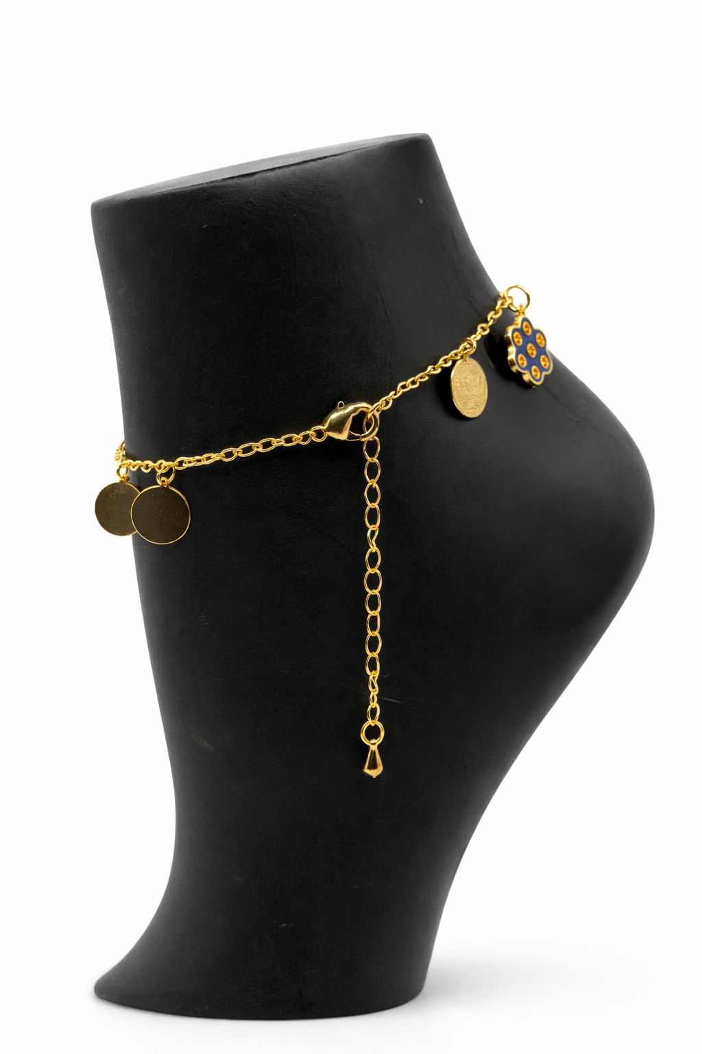 Coin & Floral Charm Necklace with Blue Accents – Gold Colored