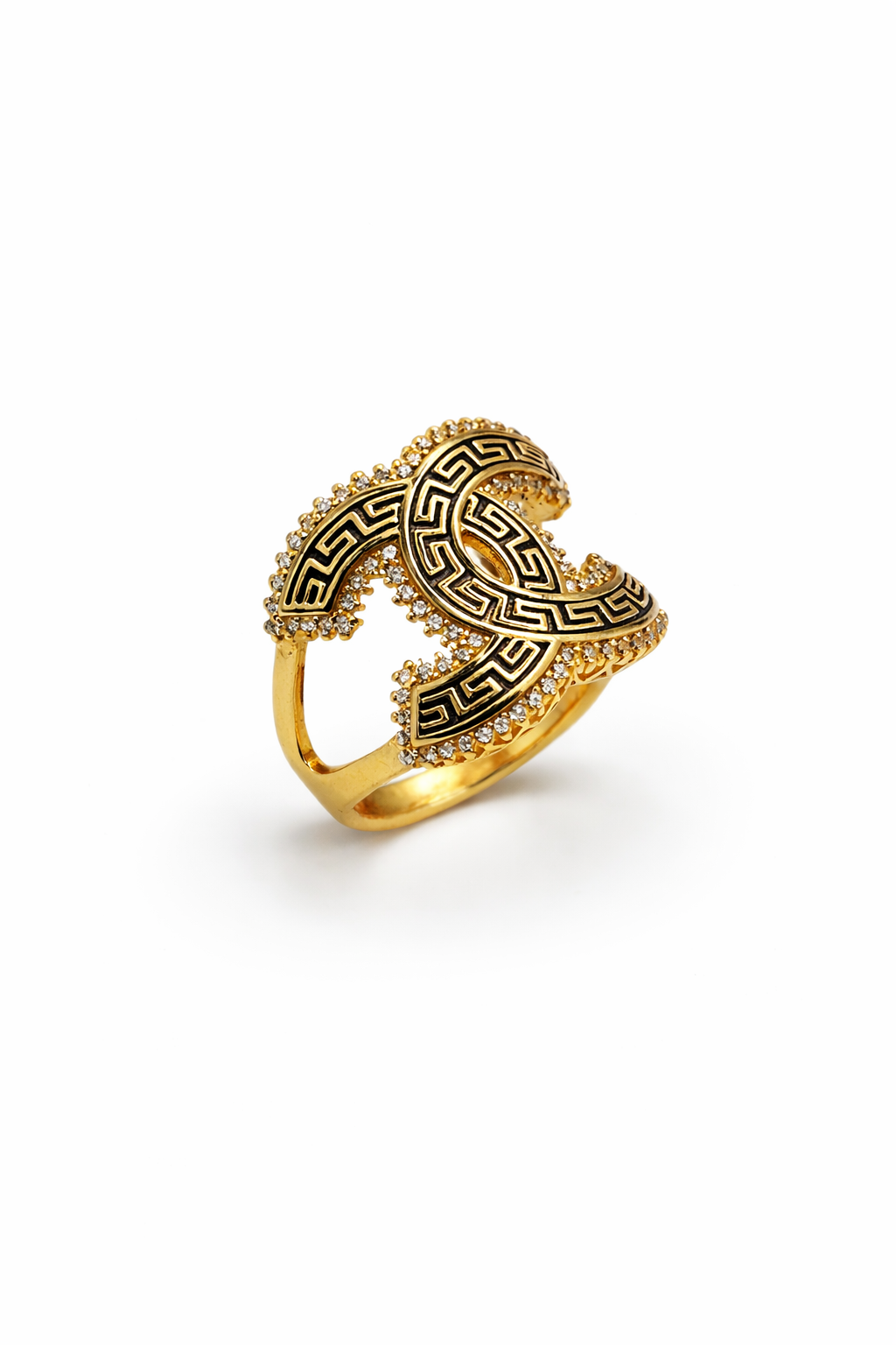 Interlocking Greek Key Statement Ring – Gold Tone
