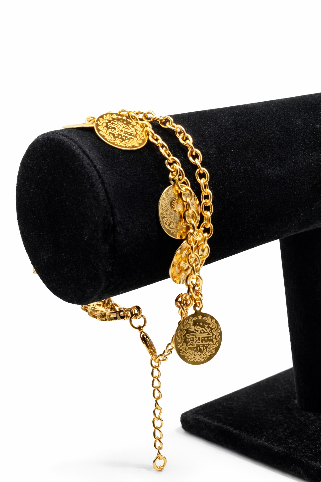 Multi Layer Coin Charm Bracelet with Engraved Details – Gold Colored