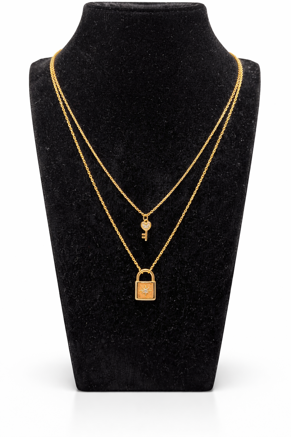Layered Key & Lock Pendant Necklace – Gold Colored
