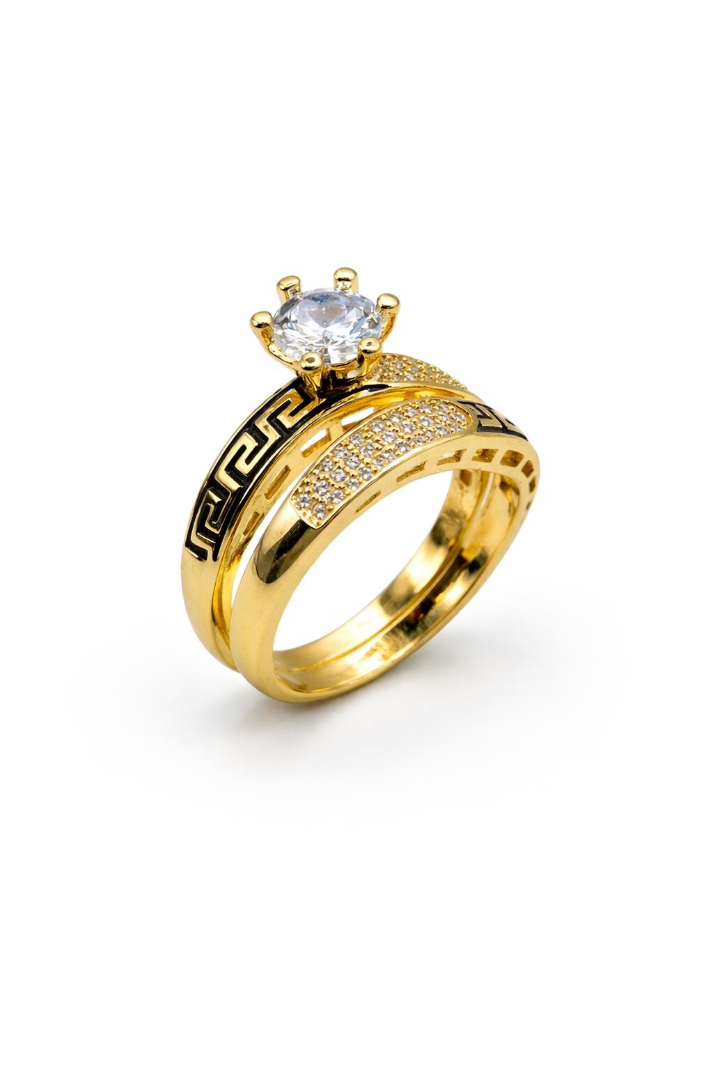 Greek Key Solitaire Pavé Gold Ring Set