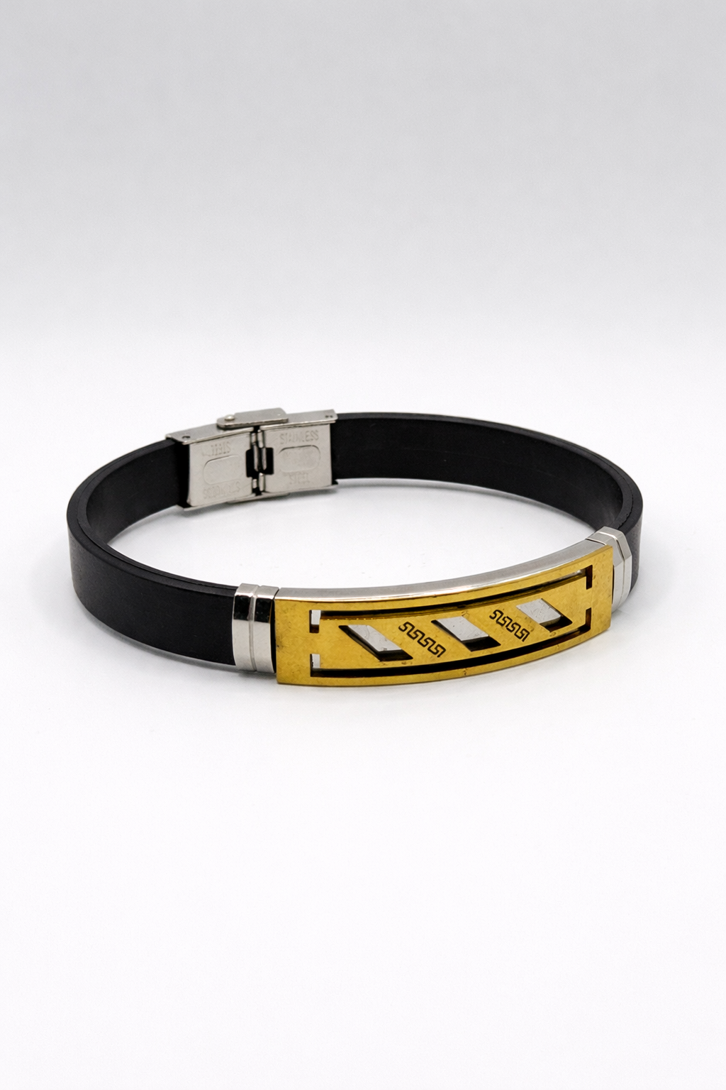 Geometric Plate Bracelet with Black Band – Gold Colored