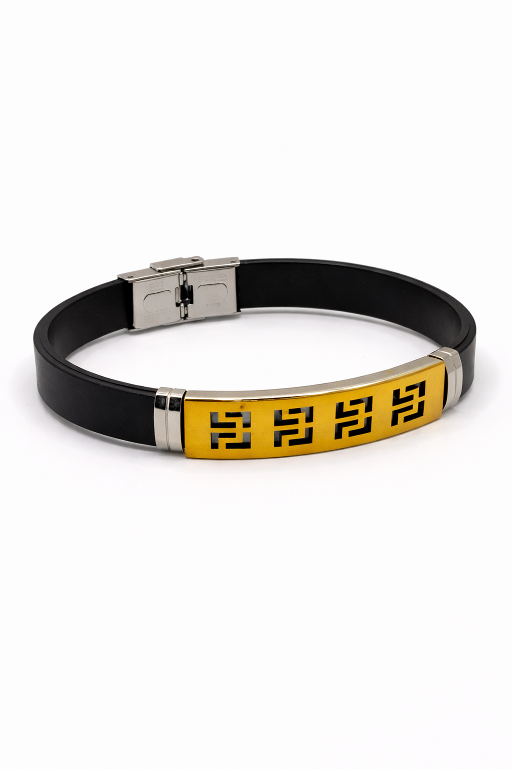 Geometric Plate Bracelet with Black Band – Gold Colored